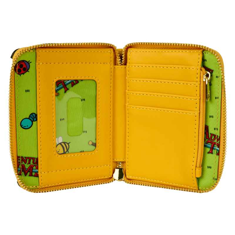 Interior of Loungefly Adventure Time Jake wallet; green cartoon lining, card slots and ID window – Loungefly bag detail
