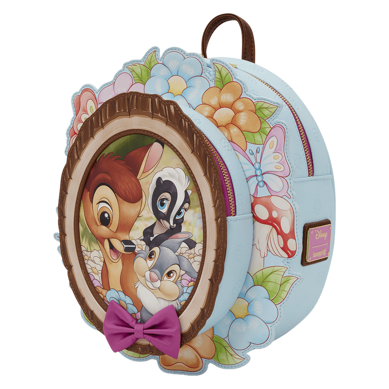 Loungefly Disney Bambi cameo backpack angled view with floral frame and bow detail