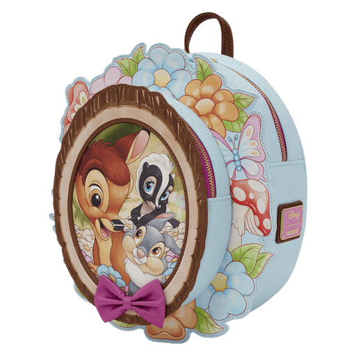 Loungefly Disney Bambi cameo backpack angled view with floral frame and bow detail