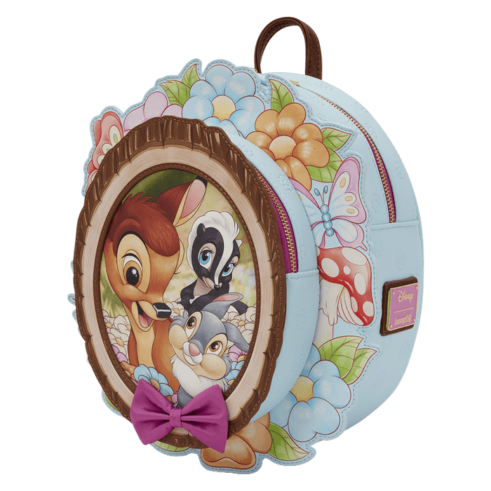 Loungefly Disney Bambi cameo backpack angled view with floral frame and bow detail