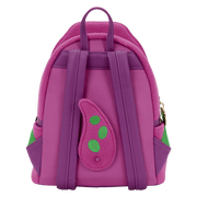 Back view of the Loungefly Barney mini backpack in plush purple, showing padded straps, top handle and tail detail.