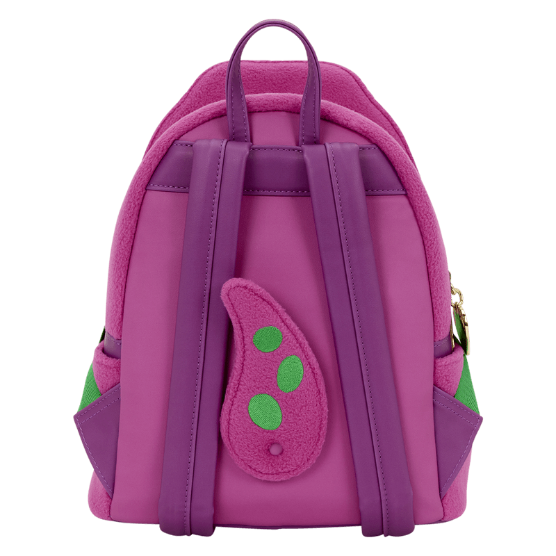 Back view of the Loungefly Barney mini backpack in plush purple, showing padded straps, top handle and tail detail.