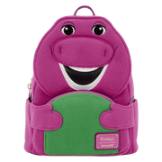 Front view of the Loungefly Barney mini backpack with plush Barney face, green tummy pocket and Loungefly front badge.