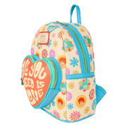 Angled view of Loungefly Beatles mini backpack showing side zip and heart pocket, psychedelic flower print – Loungefly bag
