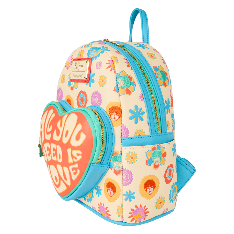 Angled view of Loungefly Beatles mini backpack showing side zip and heart pocket, psychedelic flower print – Loungefly bag
