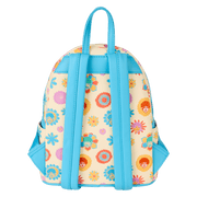 Back of Loungefly Beatles mini backpack with blue straps and all-over flower portraits – Loungefly backpack
