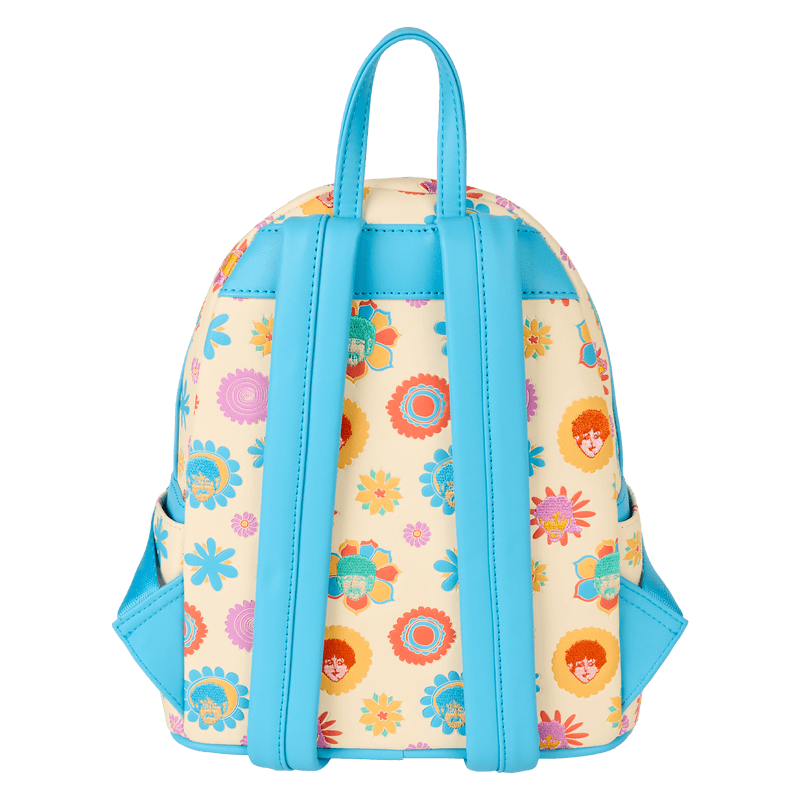 Back of Loungefly Beatles mini backpack with blue straps and all-over flower portraits – Loungefly backpack
