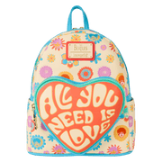 Front view of Loungefly Beatles mini backpack with floral print and heart All You Need Is Love pocket – Loungefly backpack
