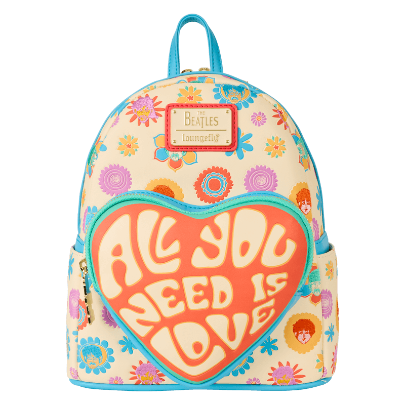 Front view of Loungefly Beatles mini backpack with floral print and heart All You Need Is Love pocket – Loungefly backpack
