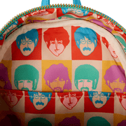 Interior lining of Loungefly Beatles mini backpack featuring bold pop-art portraits of the Fab Four – Loungefly bags detail
