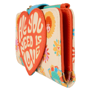 Angled side of Loungefly Beatles wallet showing layered heart pocket, cream faux-leather and retro flower faces – Loungefly wallet
