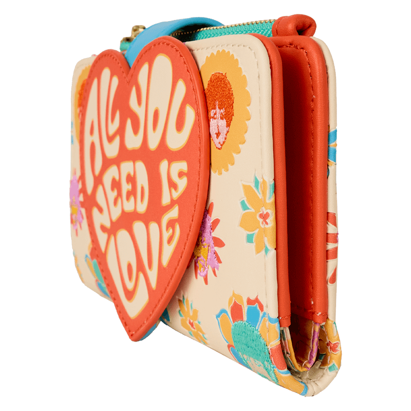 Angled side of Loungefly Beatles wallet showing layered heart pocket, cream faux-leather and retro flower faces – Loungefly wallet

