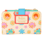 Back of Loungefly Beatles wallet with gold logo plaque and psychedelic flower portraits – collectible Loungefly bag
