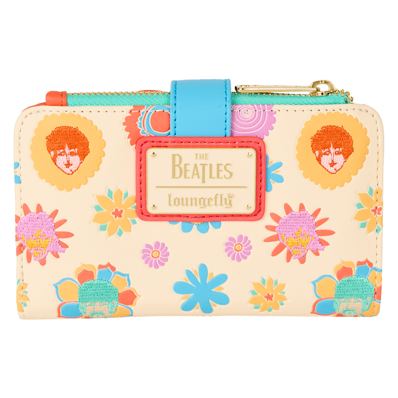 Back of Loungefly Beatles wallet with gold logo plaque and psychedelic flower portraits – collectible Loungefly bag
