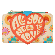 Front view of Loungefly Beatles wallet with heart-shaped “All You Need Is Love” appliqué and floral pop-art print – Loungefly bag
