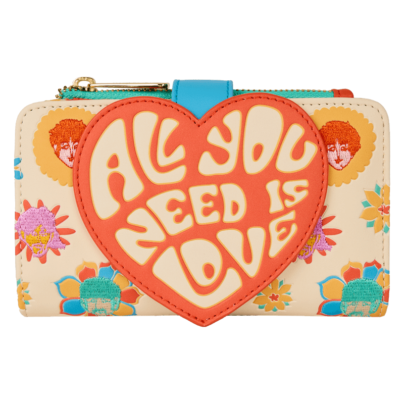Front view of Loungefly Beatles wallet with heart-shaped “All You Need Is Love” appliqué and floral pop-art print – Loungefly bag
