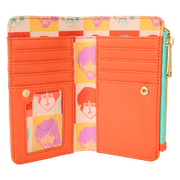 Interior of Loungefly Beatles wallet featuring vivid pop-art Fab Four lining, card slots and ID window – Loungefly bags detail
