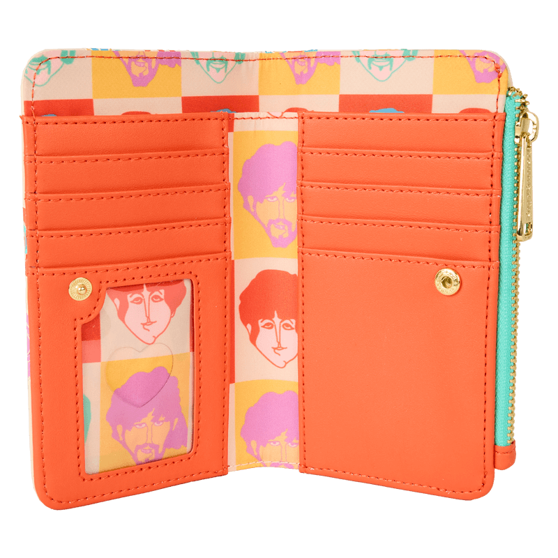Interior of Loungefly Beatles wallet featuring vivid pop-art Fab Four lining, card slots and ID window – Loungefly bags detail
