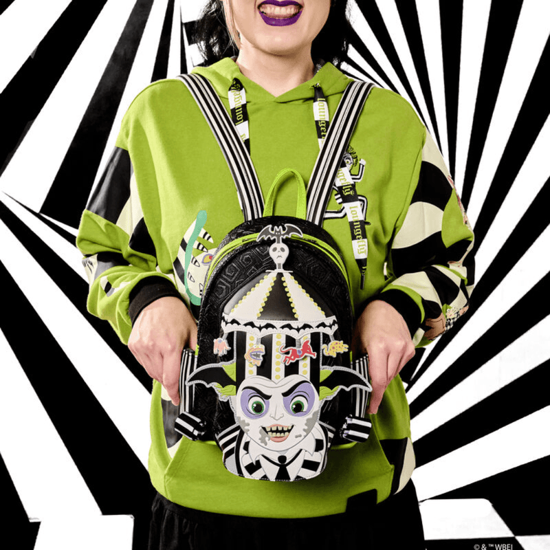 Loungefly Beetlejuice Carousel Hat mini backpack worn on the back