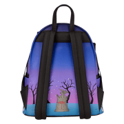 Back view showing graveyard scene and adjustable straps on the Loungefly Beetlejuice mini backpack