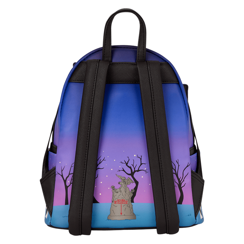 Back view showing graveyard scene and adjustable straps on the Loungefly Beetlejuice mini backpack