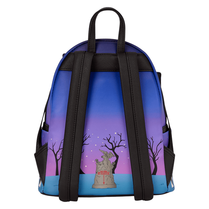 Back view showing graveyard scene and adjustable straps on the Loungefly Beetlejuice mini backpack