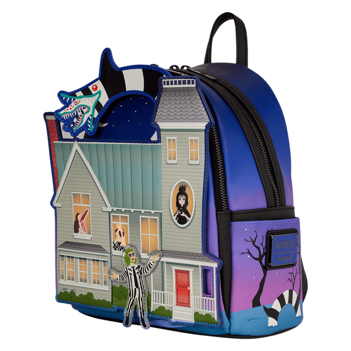 Loungefly Beetlejuice house mini backpack with Sandworm applique, 3/4 angle