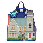 Alternate straight-on view of the Loungefly Beetlejuice house mini backpack with Sandworm applique