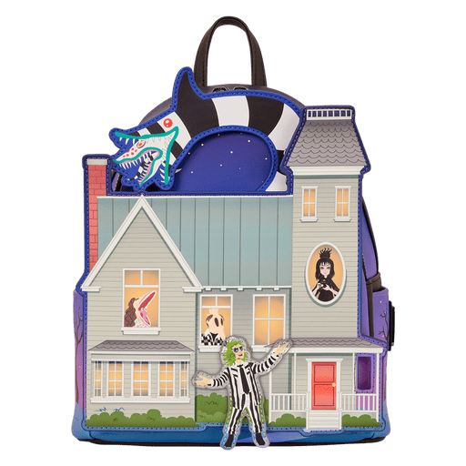 Front view of Loungefly Beetlejuice house mini backpack with Beetlejuice, Lydia and Sandworm details