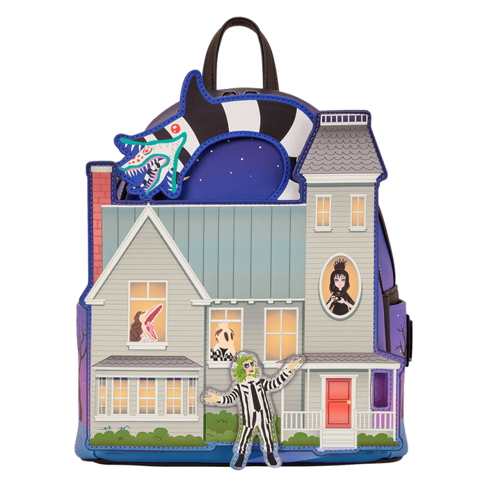 Front view of Loungefly Beetlejuice house mini backpack with Beetlejuice, Lydia and Sandworm details