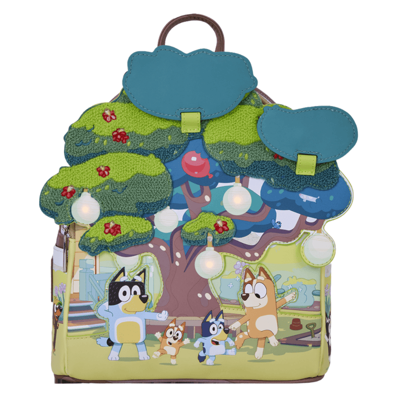 Loungefly Bluey's Backyard Light-Up Mini Backpack front view with lifted tree canopy, Bluey, Bingo, Bandit and Chilli