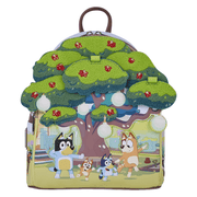 Front of Loungefly Bluey's Backyard Mini Backpack with closed chenille tree canopy and Heeler family scene