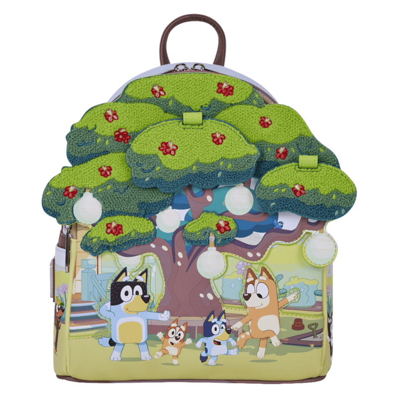 Front of Loungefly Bluey's Backyard Mini Backpack with closed chenille tree canopy and Heeler family scene