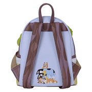 Back of Loungefly Bluey mini backpack with adjustable patterned straps and Heeler family character artwork
