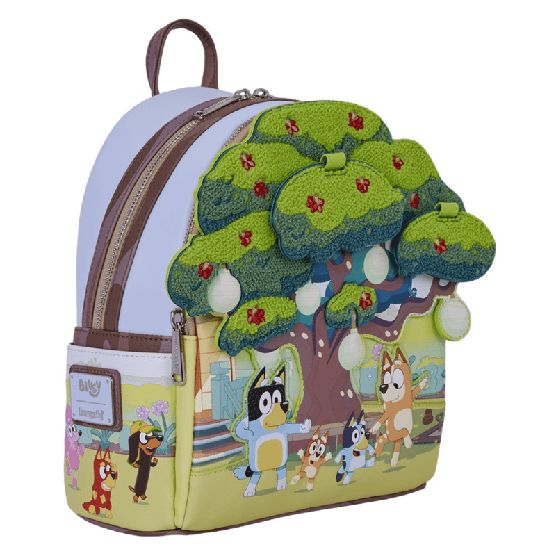 Bluey's Backyard Loungefly Mini Backpack showing layered appliqué foliage, front artwork and Bluey Loungefly logo badge