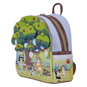 Angled view of Bluey Loungefly mini backpack showing textured chenille tree, hanging lanterns and illustrated side pocket