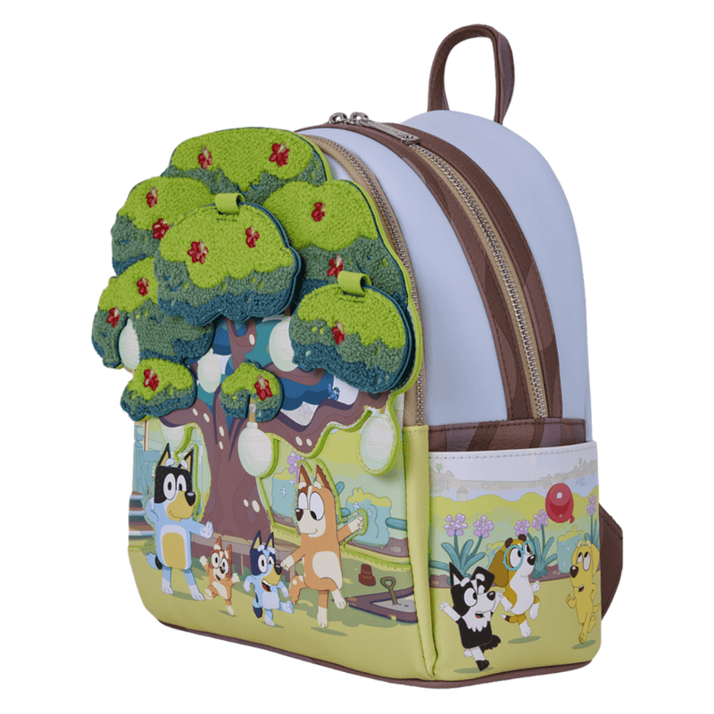 Angled view of Bluey Loungefly mini backpack showing textured chenille tree, hanging lanterns and illustrated side pocket