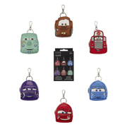 Six Loungefly Cars mini backpack keychain charms with Blind Box packaging
