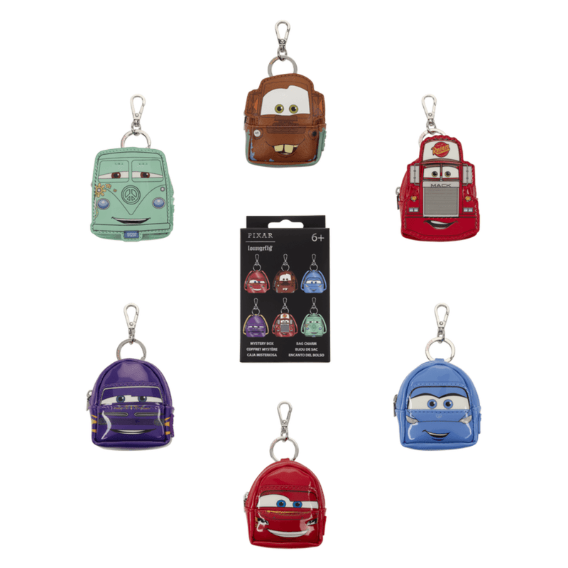 Six Loungefly Cars mini backpack keychain charms with Blind Box packaging