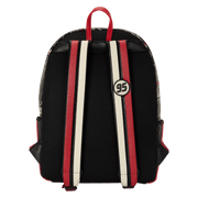 Back view with breathable mesh and red-white 95 racing straps on the Loungefly Cars backpack