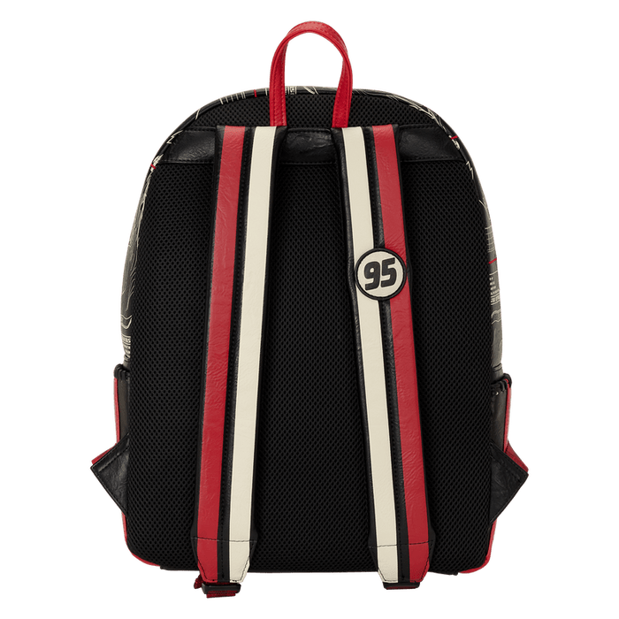 Back view with breathable mesh and red-white 95 racing straps on the Loungefly Cars backpack