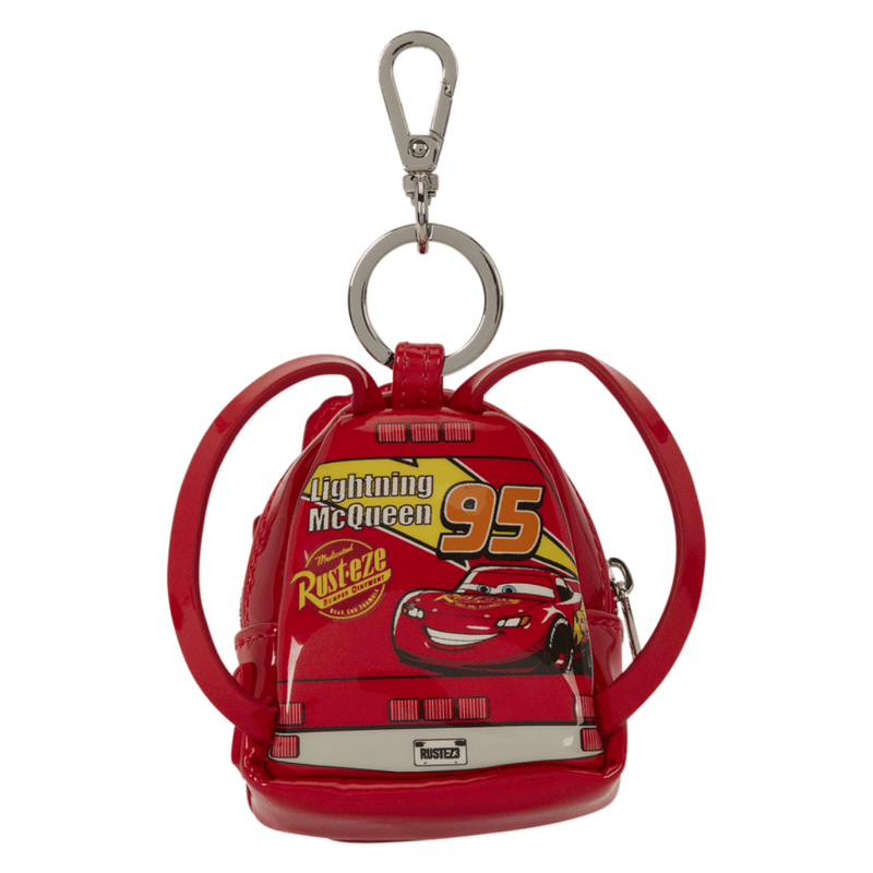 Rear of Lightning McQueen mini backpack charm with Rust-eze artwork