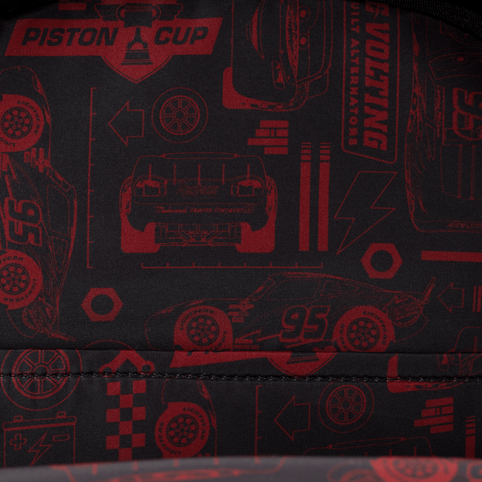 Interior lining with Piston Cup and Lightning McQueen motifs in red on black