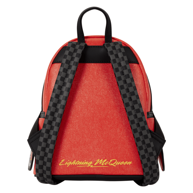Back of the Loungefly Lightning McQueen Mini Backpack with chequered shoulder straps