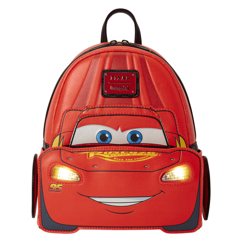 Lightning McQueen Loungefly Mini Backpack with light-up headlights illuminated