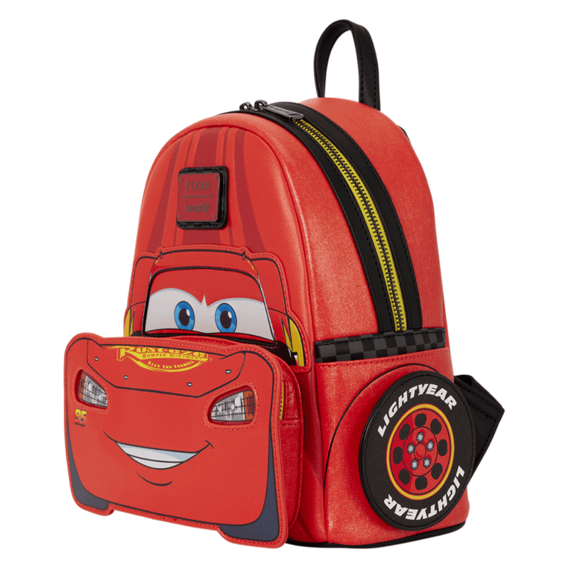 Angled view of the Loungefly Cars Lightning McQueen Mini Backpack with Lightyear wheel detail
