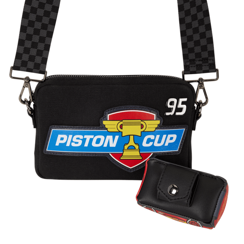 Removable Lightning McQueen charm on Loungefly Cars crossbody bag