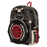 Three-quarter angle of Loungefly Cars Lightning McQueen backpack with Lightyear tyre front pocket