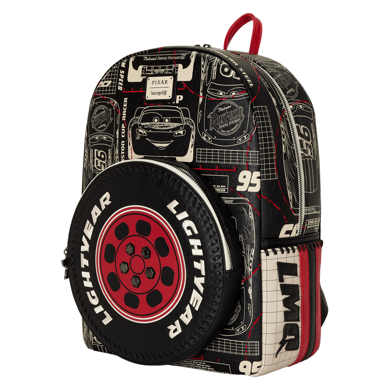 Three-quarter angle of Loungefly Cars Lightning McQueen backpack with Lightyear tyre front pocket