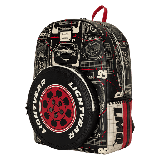 Three-quarter angle of Loungefly Cars Lightning McQueen backpack with Lightyear tyre front pocket